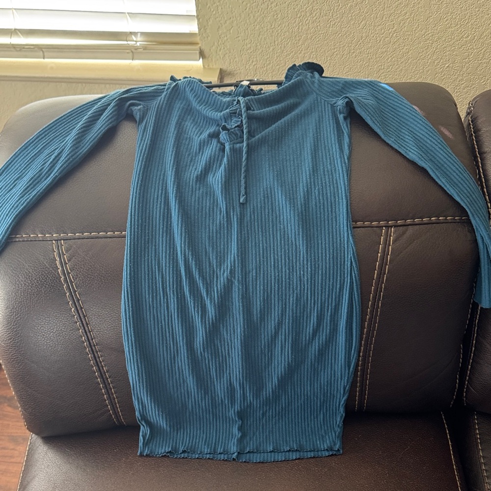 Teal Long Sleeve Ribbed Dress